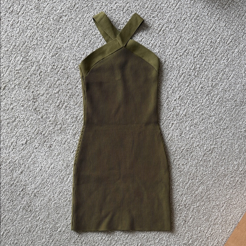 Aritzia Babaton Sculpt Criss Cross Olive Green Halter Dress